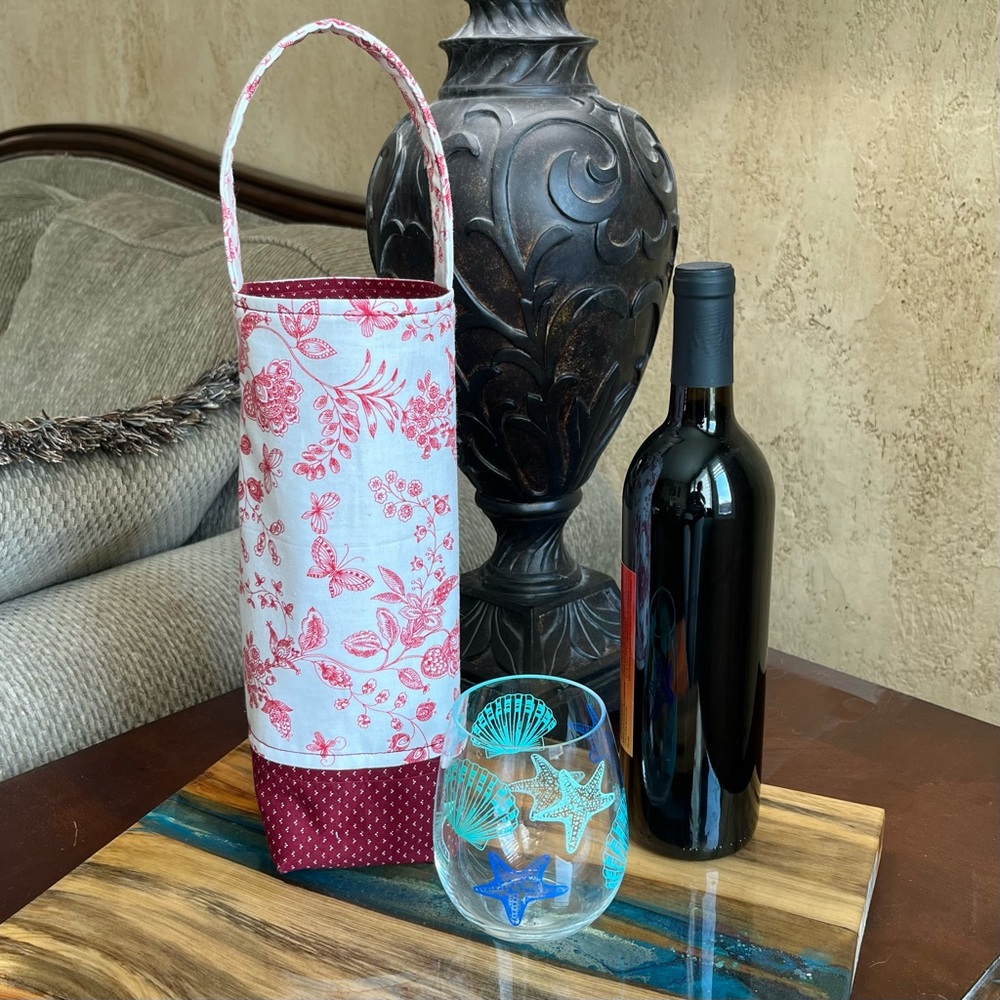 White red floral butterflies tote housewarming gift handmade tote wine gift